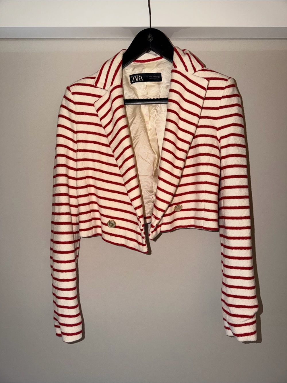 Zara Red and White Cropped Striped Blazer